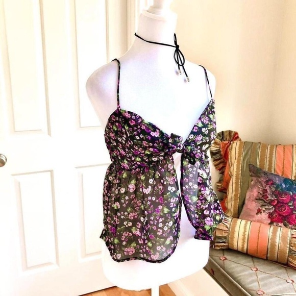 American Eagle Cami Top Tie Front Black Purple Floral (S) NWT - Picture 2 of 6